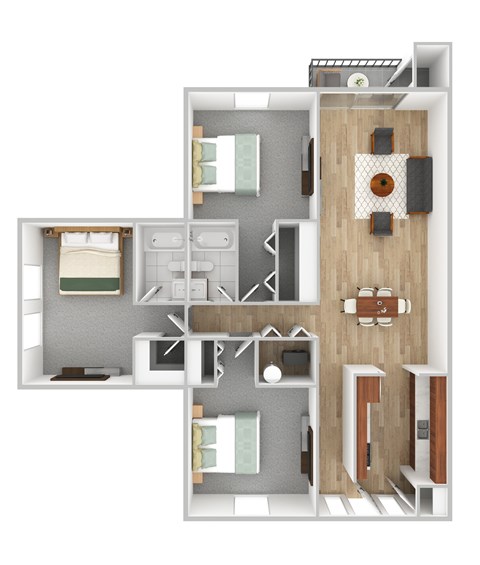 Floor plan for 3 beds, 2 baths, 1236 sqft